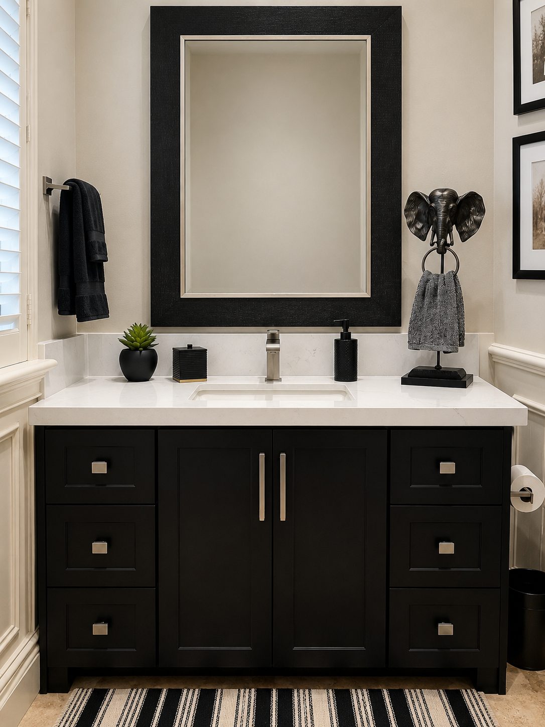 Bathroom with a black vanity, white counter, black-framed mirror and striped rug