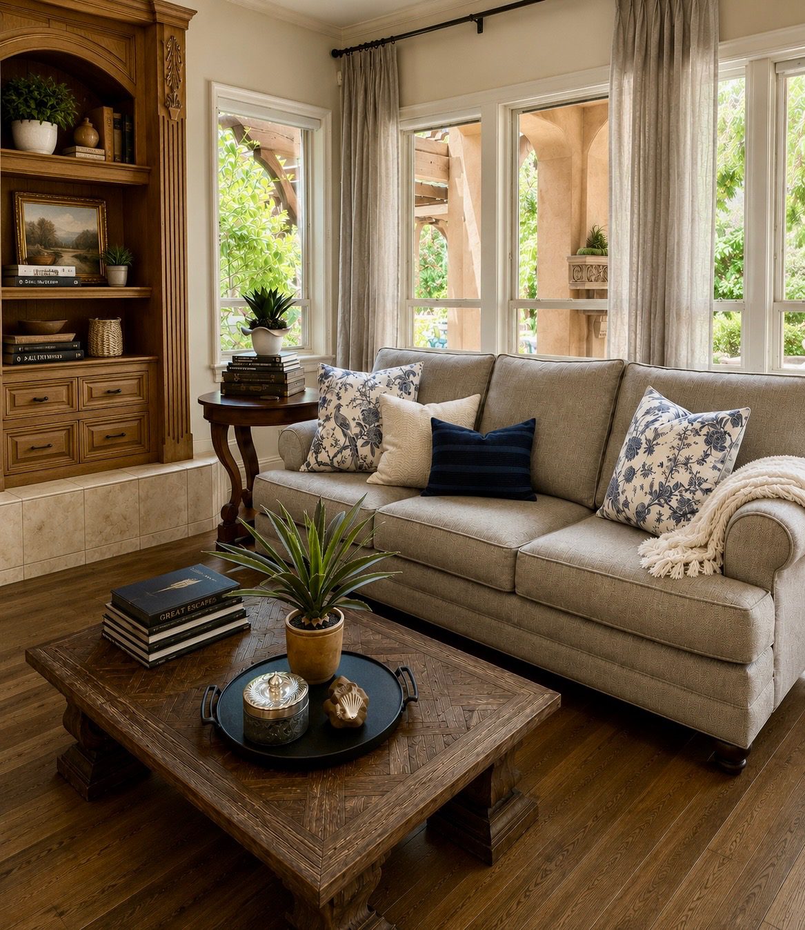 Living room with a linen sofa, blue and white pillows, a carved wood coffee table and built-in bookshelves