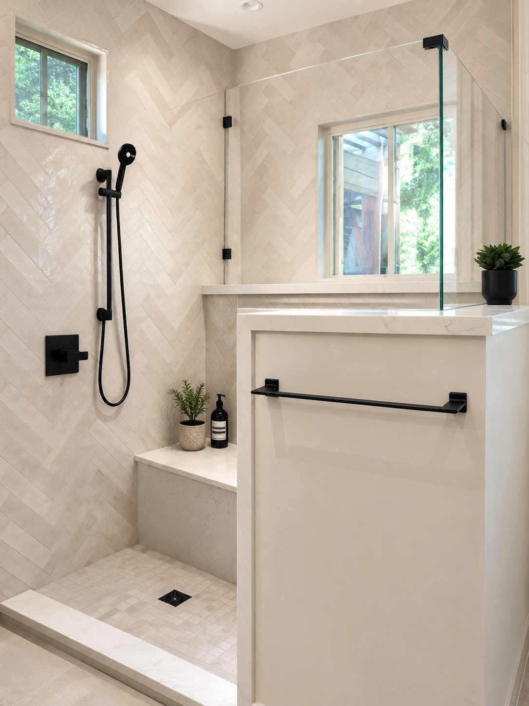Walk-in shower with cream herringbone tile, a glass panel, a built-in bench and matte black fixtures