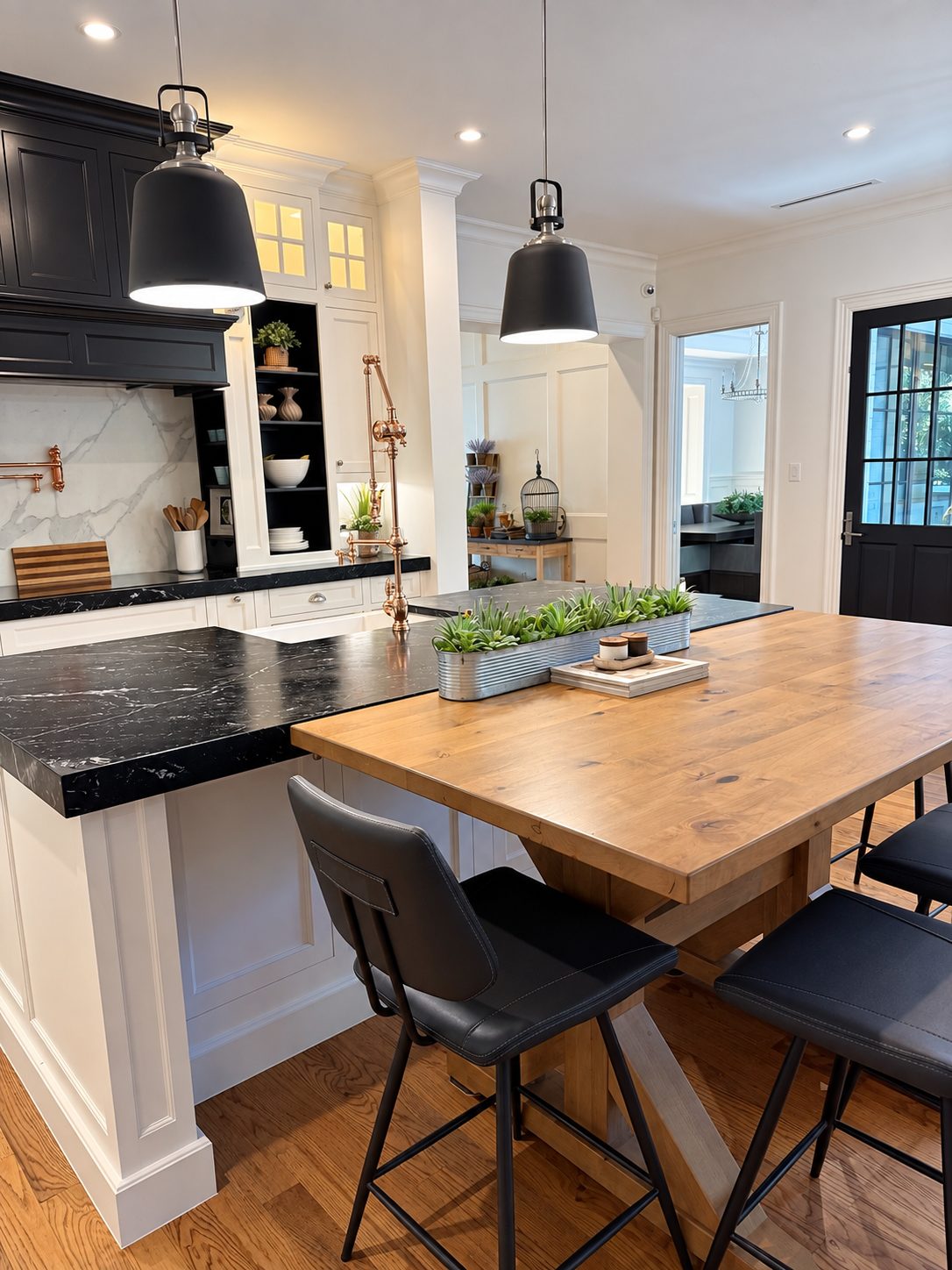 European farmhouse kitchen in Colleyville with black and white cabinetry, black pendant lights and a wood-topped island with seating