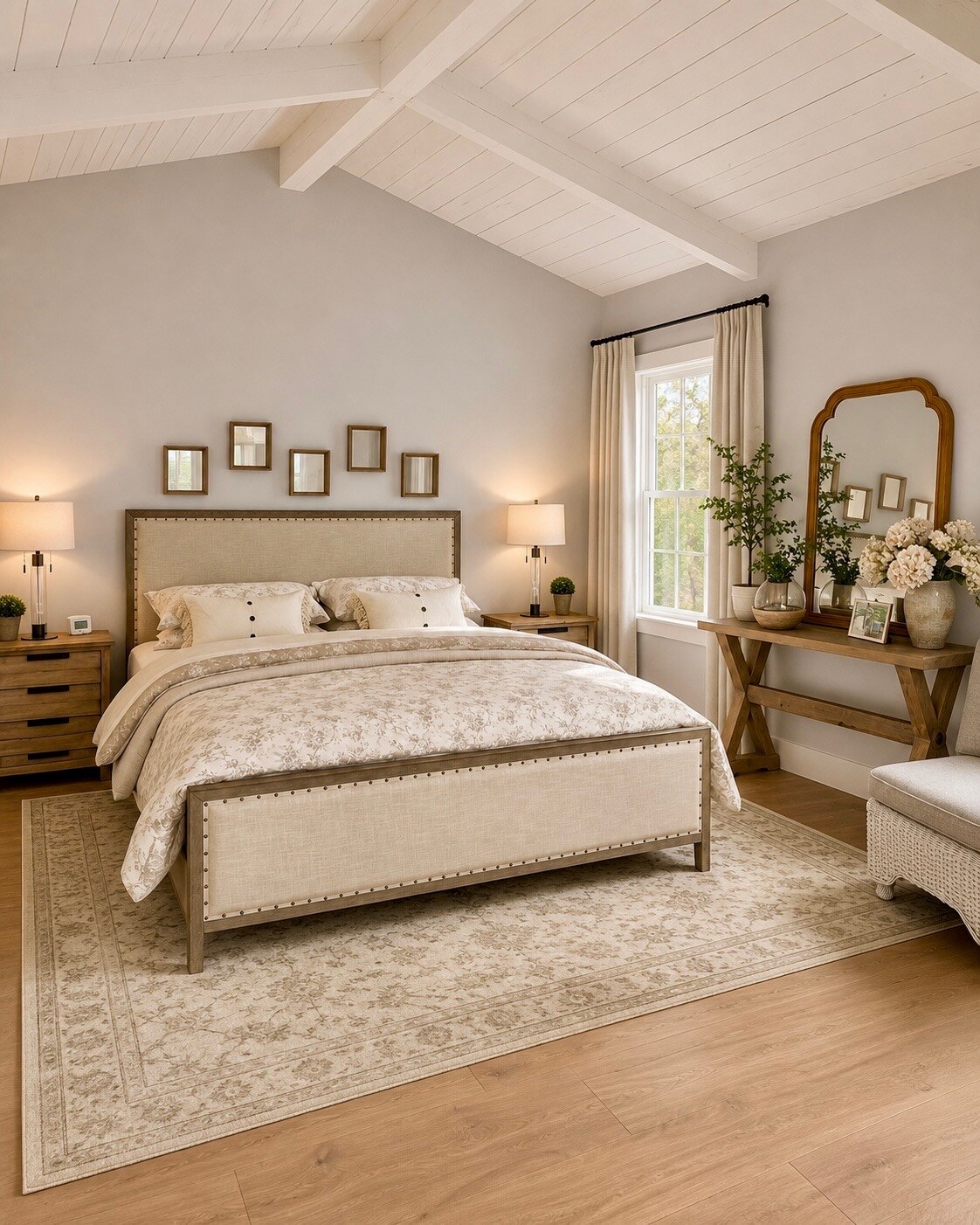 Neutral lakehouse bedroom with a vaulted white ceiling, upholstered bed, and warm wood furnishings