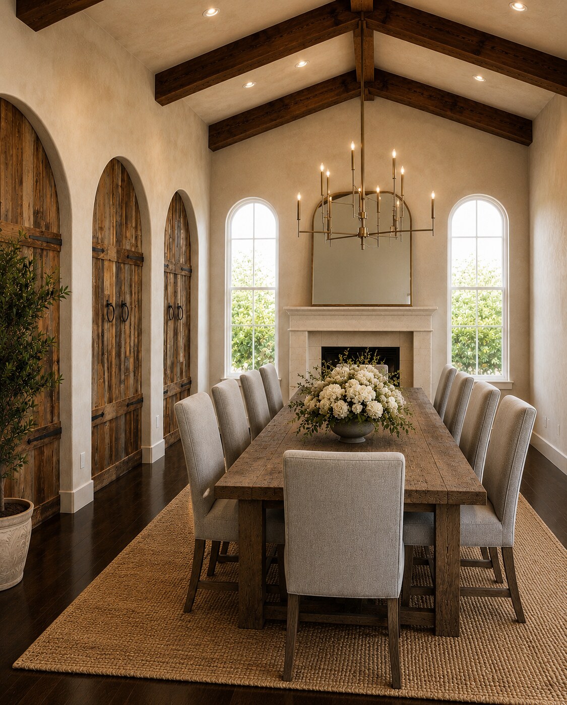 Lakehouse dining room with vaulted wood beams, arched doors, fireplace, and statement chandelier