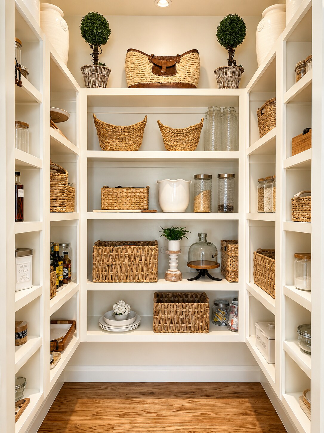 Styled pantry shelves with woven baskets, glass storage jars, and white built-ins