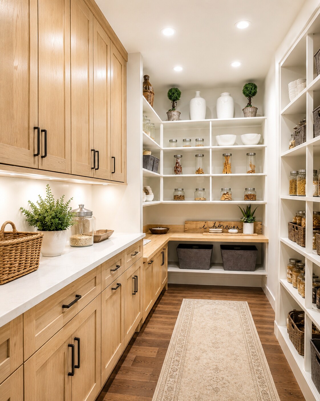 Custom lakehouse pantry with light oak cabinetry, white open shelving, and a built-in work counter