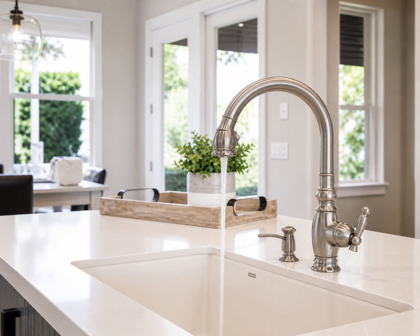 Bright kitchen with island, pendant lights, and warm neutral finishes