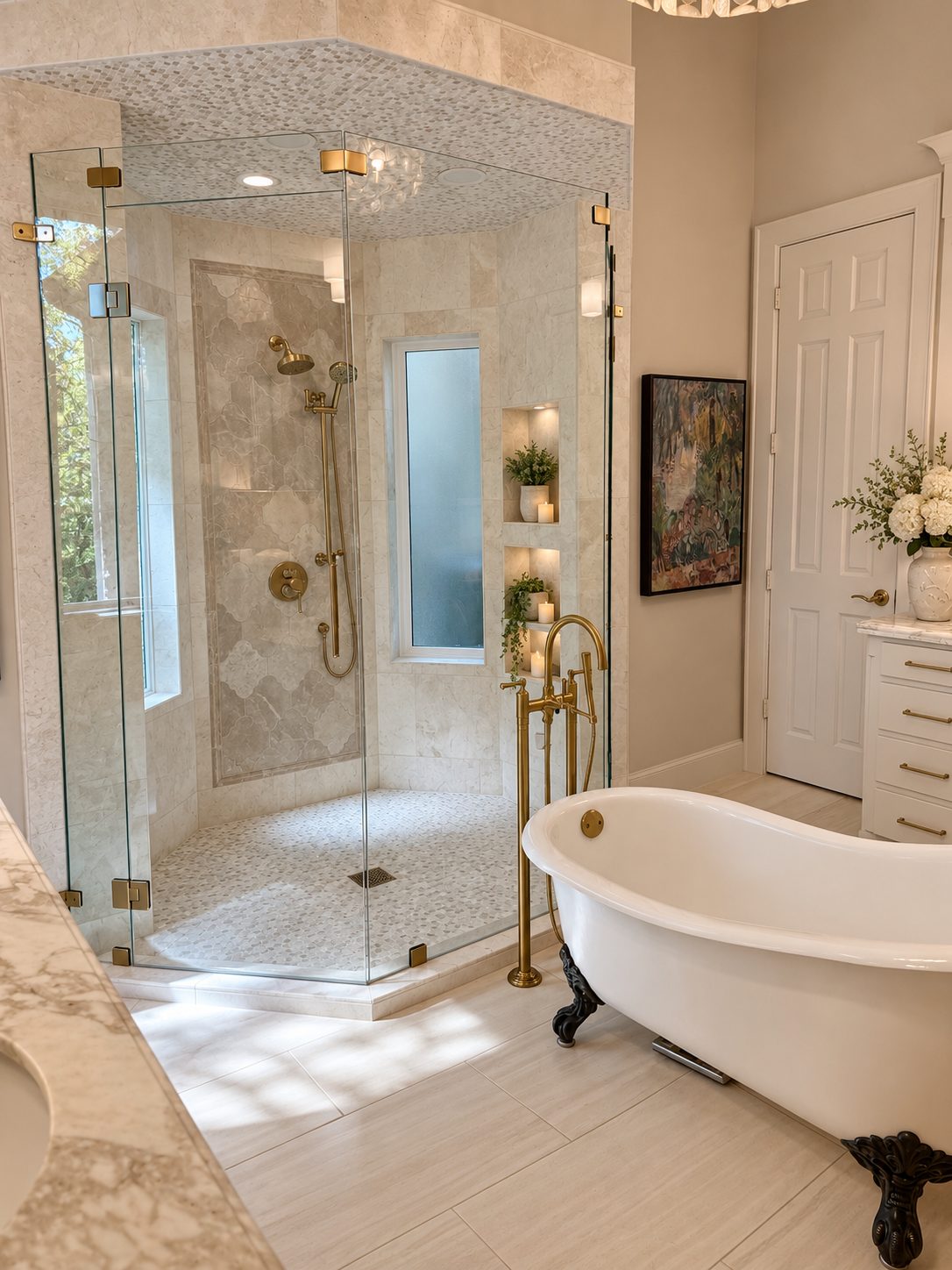Southlake bathroom with a frameless glass shower, cream stone tile, brass fixtures and a clawfoot tub