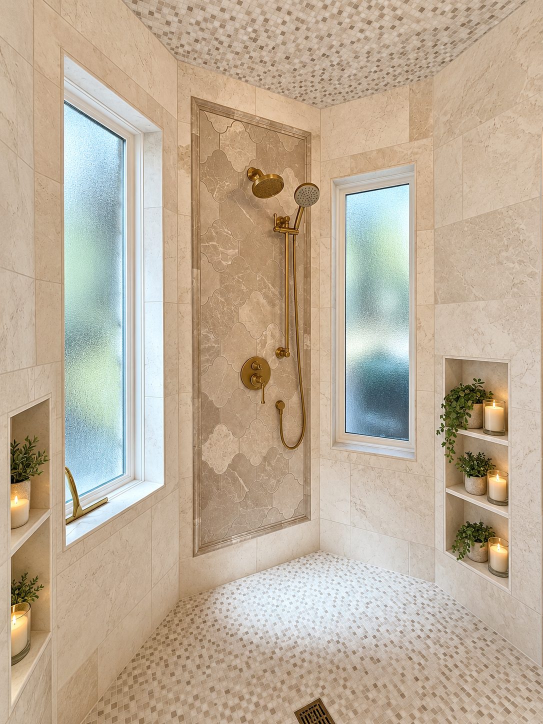 Southlake shower after renovation, with cream stone tile, a brass shower fixture, frosted windows and candlelit niches