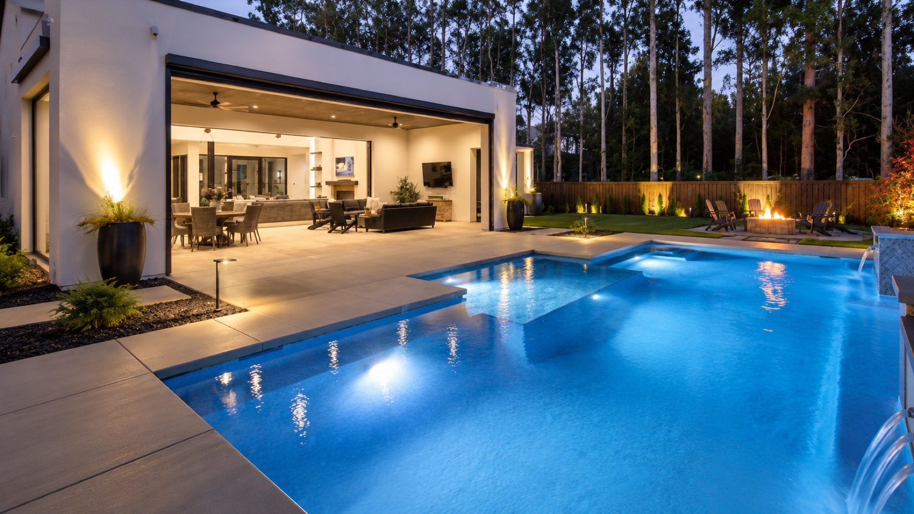 Modern backyard with pool, covered patio, fire pit, and layered lighting