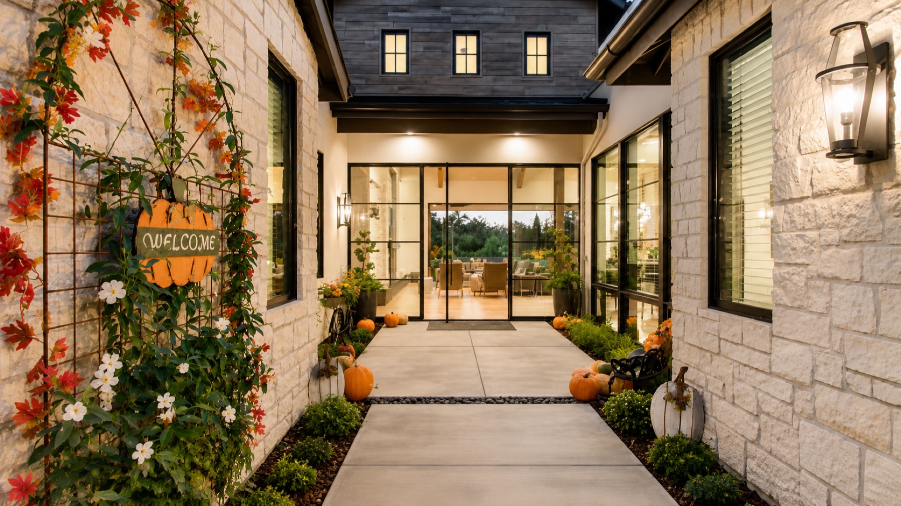 Stone entry courtyard with seasonal styling and warm exterior lighting