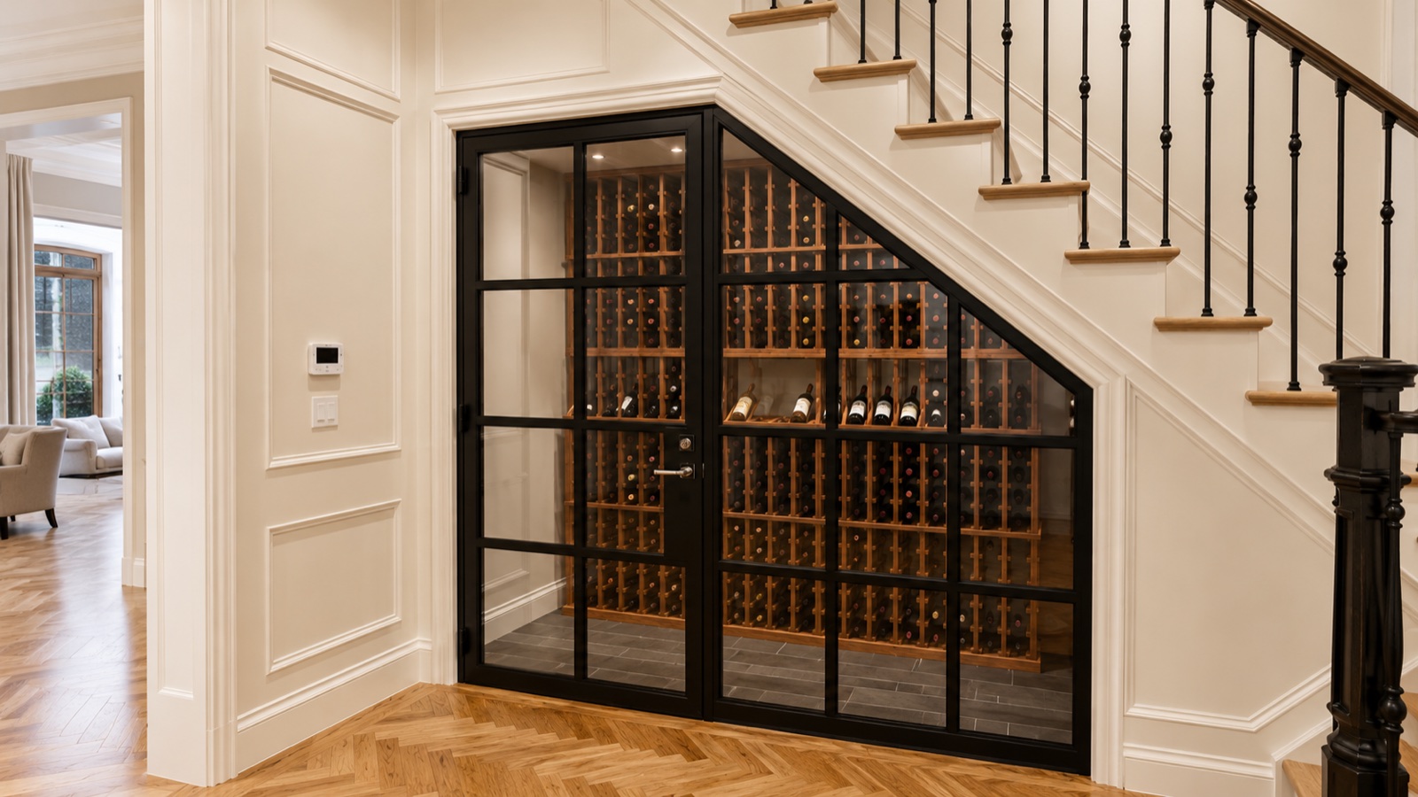 Glass-front wine cellar built under a staircase with black metal framing
