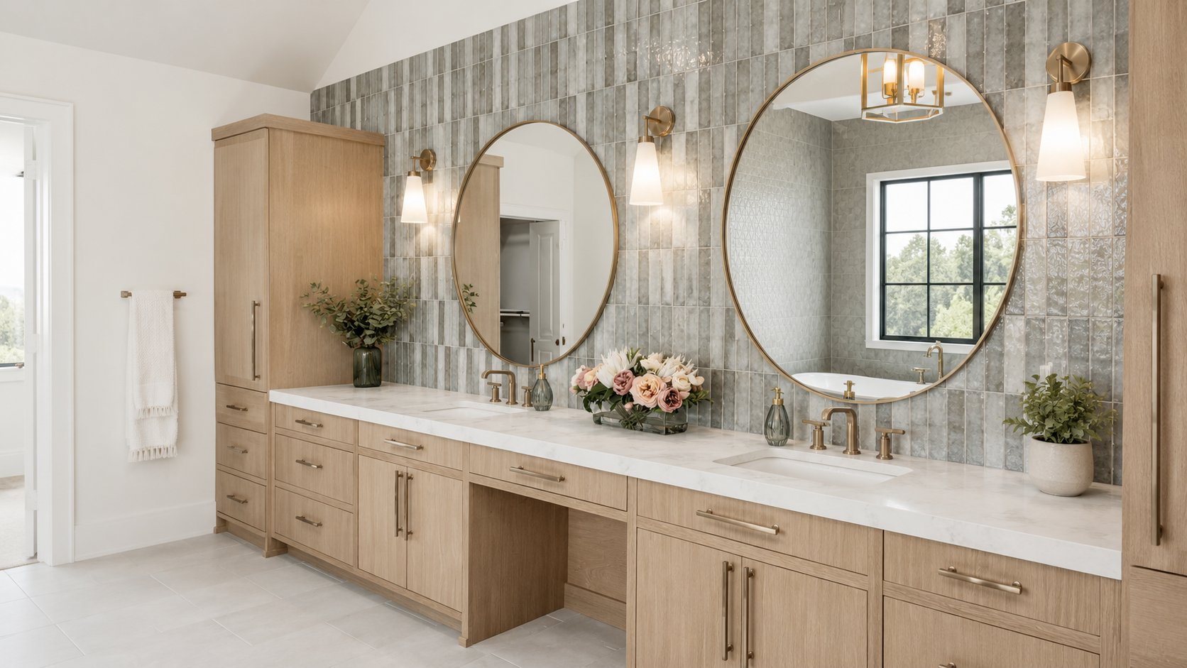 Primary bath with light oak double vanity, round brass mirrors, gray glazed subway tile, and warm sconce lighting